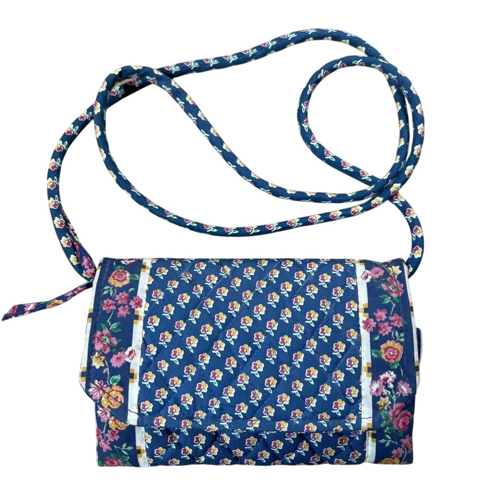 Vera Bradley Royal‎ Blue Vintage Floral Quilted Crossbody Wallet Bag Card Slots